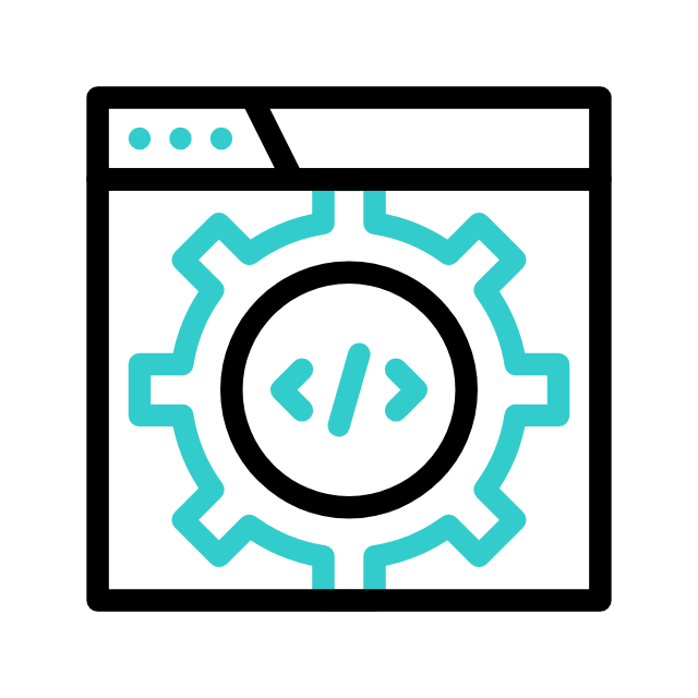 A development code symbol inside a gear framed in a computer shape to express website maintenance and care