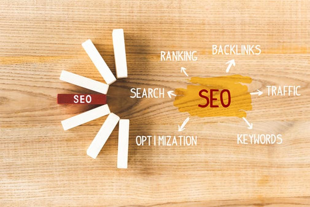 top view of wooden rectangles with lettering seo and illustration with concept words of seo
