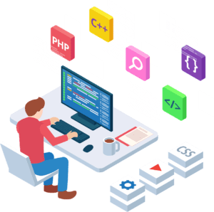 Web Development 2 An infographic photo shows a person sitting on a chair, with a computer on a desktop in front of him, and many icons float around